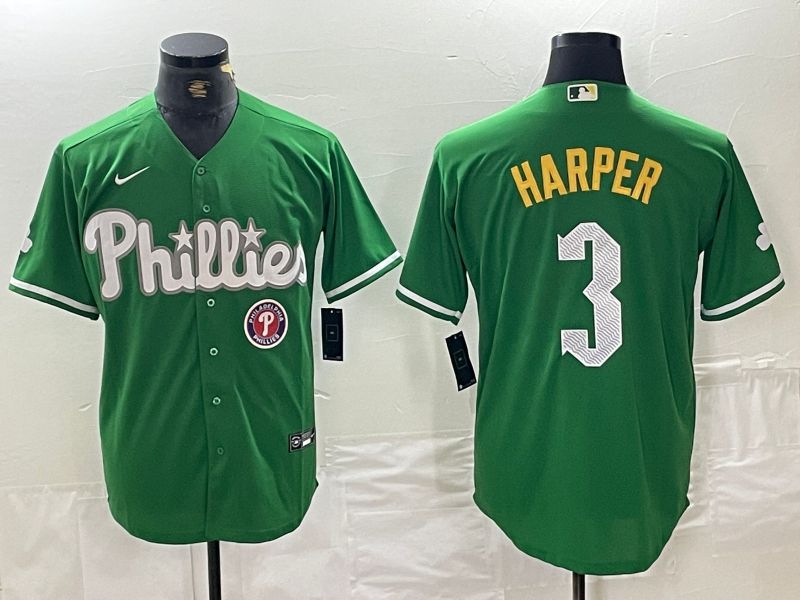 Men Philadelphia Phillies 3 Harper Green Fashion Edition Nike 2024 MLB Jersey style 2